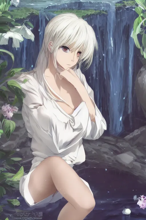 Image similar to anime art full body portrait character concept art, anime key visual of elegant young female, platinum blonde, large eyes, finely detailed perfect face delicate features directed gaze, laying near waterfall, arms crossed behind head, trending on pixiv fanbox, studio ghibli, extremely high quality artwork