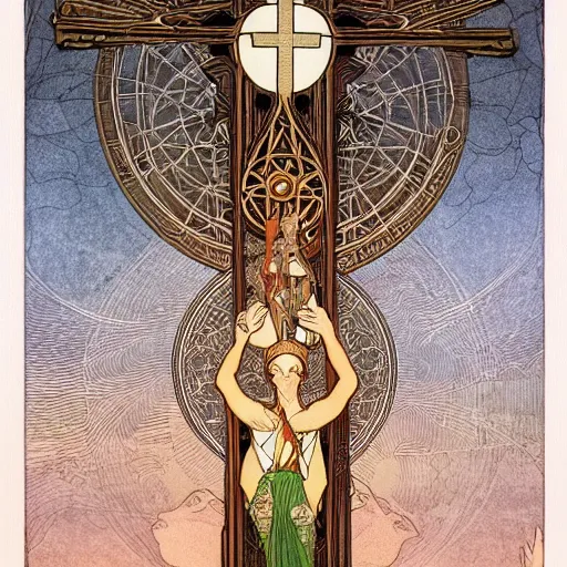 Image similar to a spiritual cross on top of a holy mountain, holy geometry, Mucha, Moebius, Mohrbacher