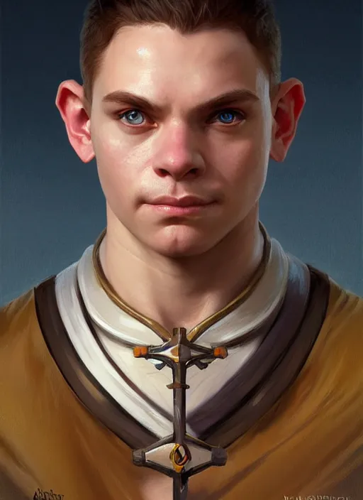 Image similar to symmetry!! oil painting digital art dungeons & dragons facial portrait of a halfling male cleric, with a ponytail, elegant, highly detailed, digital painting, artstation, concept art, sharp focus, illustration, art by artgerm and greg rutkowski and alphonse mucha