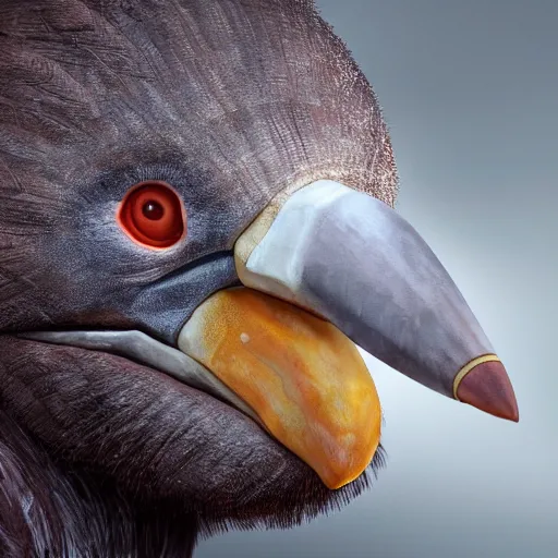 Image similar to realistic portrait of an dodo with an axe in the beak, fantasy book, high detail, 8 k, octane render painting, dark fantasy