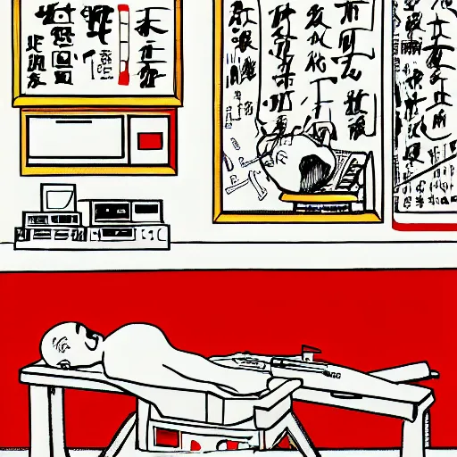Prompt: chinese surgery operating table, in the style of daniel johnston and outsider art, 8k, line brush, minimal, hard lines, overlaid with traditional chinese adverts