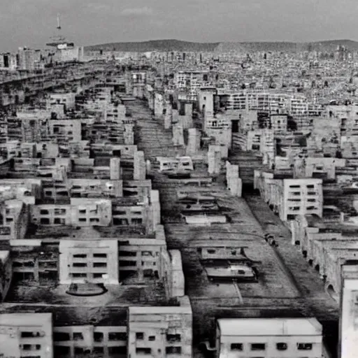 Prompt: brutalist city, prison city, totalitarian prison island, hashima island, wide roads, wide avenues, wide spaces, rundown buildings, military buildings, prison complex, colorized super 8 mm photo