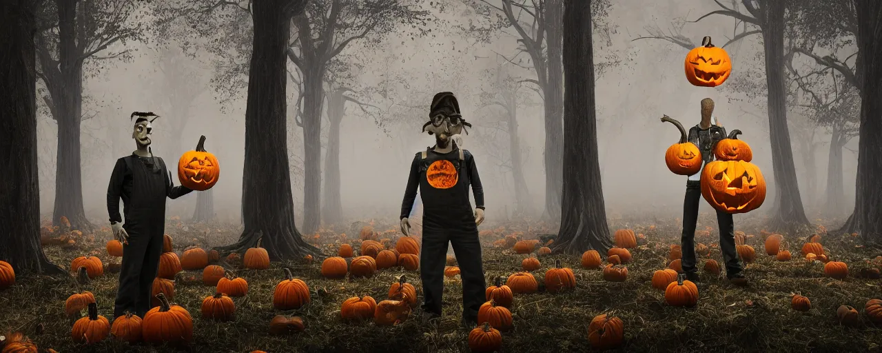 Image similar to a scary man in overalls wearing a pumpkin head standing in a dead forest, fall season, night, dead trees, pumpkins, photorealistic, insanely detailed and intricate, epic, volumetric haze, hyper realistic, elegant, ornate, elite, horror, creepy, ominous, haunting, cinematic lighting, unreal engine, symmetrical, cinematic centered camera, high detail by Zdzislaw Beksinski