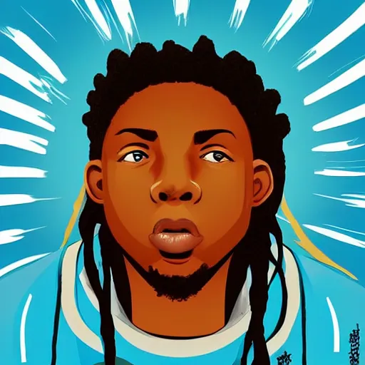 Prompt: “Side portrait of A AfricanAmerican boy with dreads and a blue hoodie on, in the style of a soviet propaganda poster”