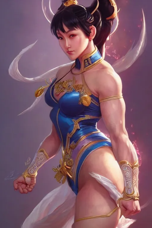 Image similar to beautiful chun li, full body shot, d & d, fantasy, intricate, elegant, highly detailed, digital painting, artstation, concept art, matte, sharp focus, illustration, hearthstone, art by artgerm and greg rutkowski and alphonse mucha