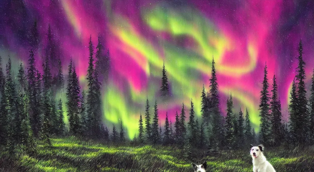 Image similar to border collie in a boreal forest with aurora borealis, beautiful, highly detailed, artstation, illustration, concept art, digital painting