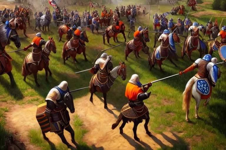 Image similar to ( ( a beautiful 8 k photorealistic masterpiece oil painting ) ( of ( man stuck in the age of empires 2 game ) ( knights and archers are chasing him ) ) ( hyperrealism ) ( 1 6 k ) ( trending on artstation )
