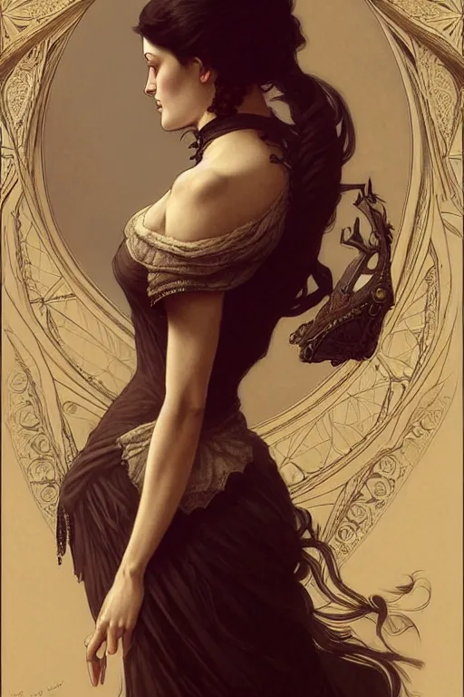 Image similar to Phoebe Tonkin dressed in Victorian fashion, D&D, fantasy, intricate, elegant, highly detailed, digital painting, artstation, concept art, matte, sharp focus, illustration, art by Artgerm and Greg Rutkowski and Alphonse Mucha