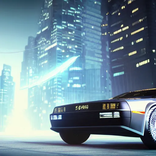 Image similar to a futuristic cyber city sharp photorealistic octane render, bokeh in the background only, a futuristic curvy delorean hover in the foreground, deep perspective