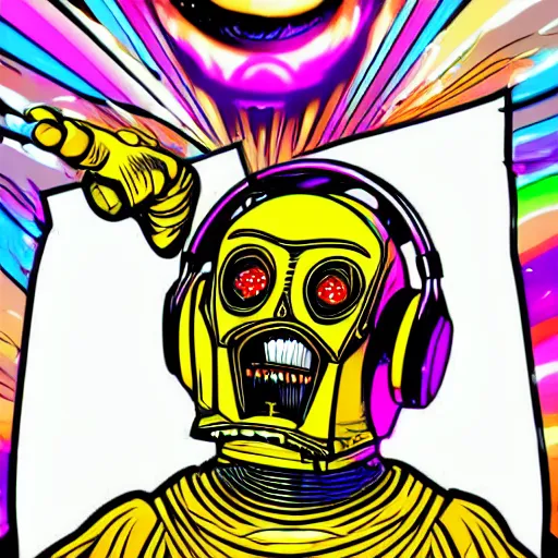 Image similar to artgerm, psychedelic laughing c 3 p 0, rocking out, headphones dj rave, digital artwork, r. crumb, svg vector