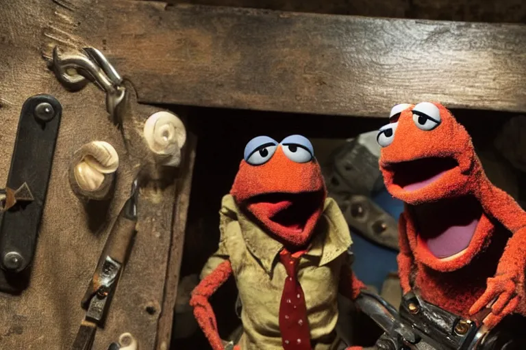 Image similar to High definition scene, inside the cabin, from Evil Dead Muppets starring BRUCE CAMPBELL as ASH