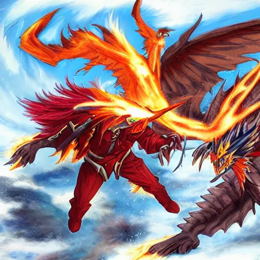 Image similar to ice Phoenix fighting against fire dragon, realistic