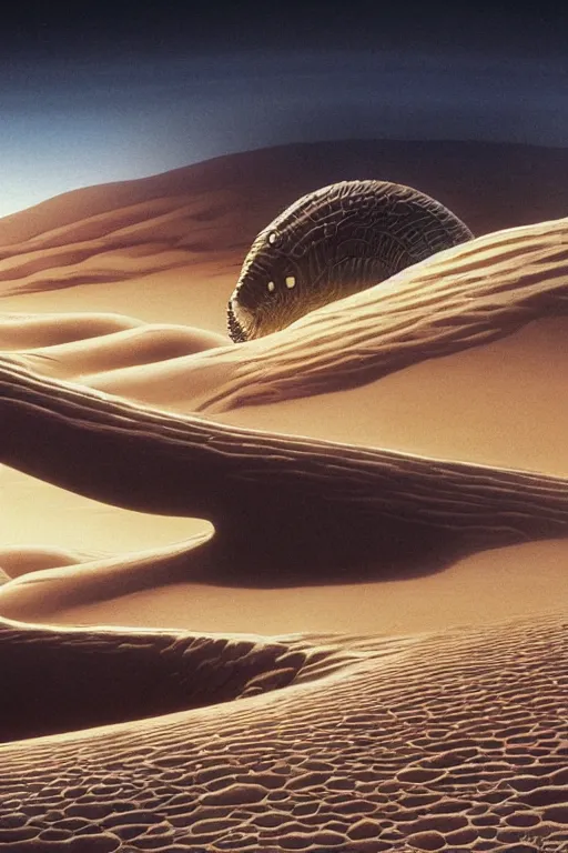 Image similar to a sandworm on arrakis, god emperor of dune, shai hulud, large desert worm by david a hardy, noriyoshi ohrai, gary ruddell, ( greg rutkowski ), salvador dali, moebius, makoto shinkai, highly detailed, cinematic composition, trending on artstation