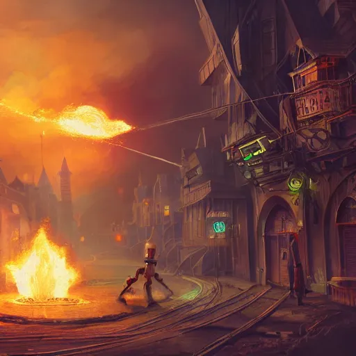 Image similar to a steampunk town, robot, fire, ash, electricity lightning, furry, soft, concept art, sharp focus, intricate details, highly detailed, photorealistic, disney pixar, octane render, iridescent, anime, 8 k