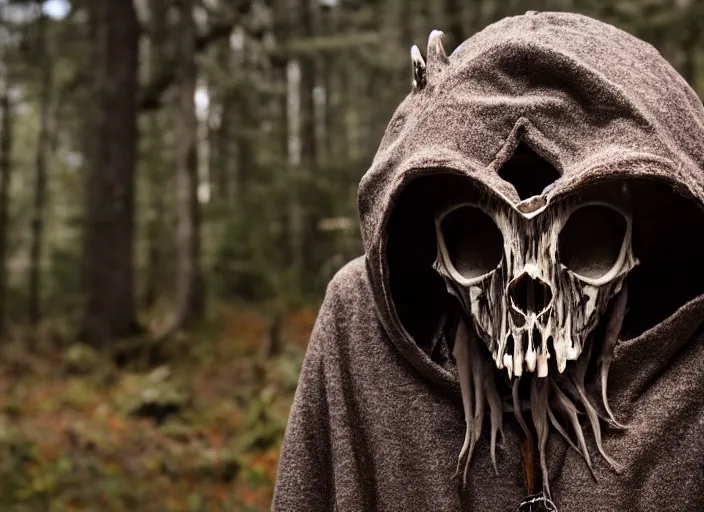 Prompt: character and environment photography, portrait 2 0 - year - old male druid wearing a rat skull mask, biomechanical tattered hood and robe, infested bear standing, medium shot, wide angle, 2 0 0 px, low key
