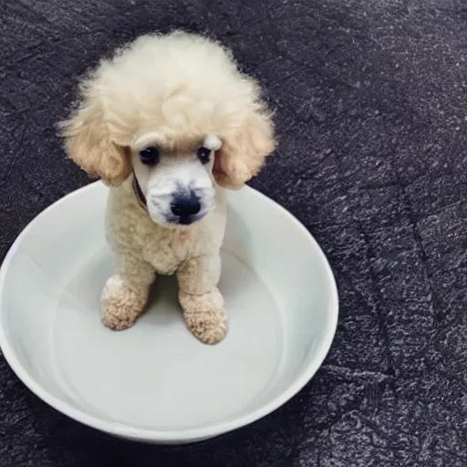 Image similar to very realistic cute poodle puppy sitting inside a tea cup