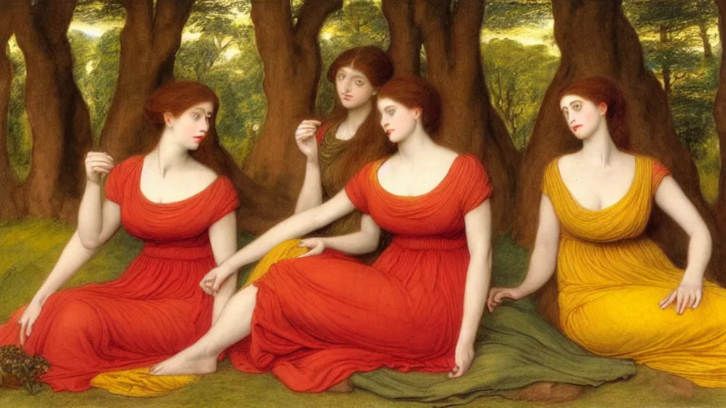 Prompt: portrait of a pale woman with brown hair wearing a red dress is held by another pale woman with black hair wearing a yellow dress sitting together surrounded by nature, in the style of “ sappho and erinna in the garden mytelene ” by simeon solomon, intricate details, high detail, super - flat