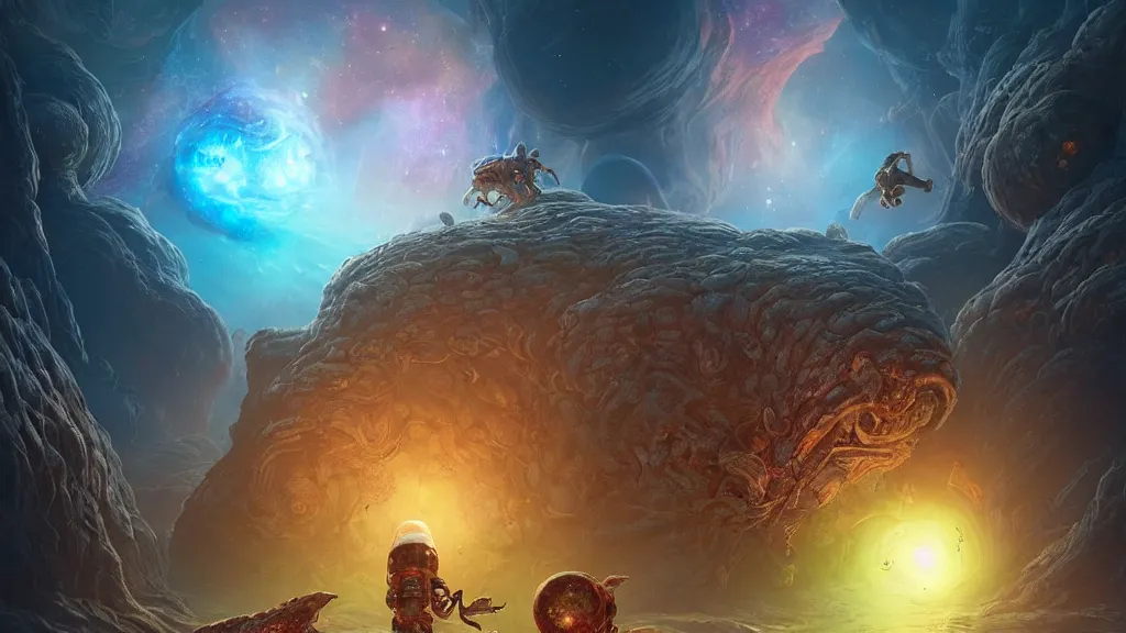 Image similar to Astronauts have a treasure with them, they are running away from the giant Cthulhu that is behind hunting him, they are running over the ring of the gas planet, this is an extravagant planet with wacky wildlife and some mythical animals, the background is full of nebulas and planets, the ambient is vivid and colorful with a terrifying atmosphere, by Jordan Grimmer digital art, trending on Artstation,