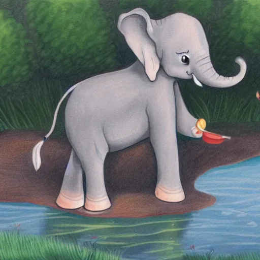 Image similar to a cartoon picture of a baby elephant drinking from a pond, a child's drawing by stan and jan berenstain, pixiv, furry art, childs drawing, furaffinity, storybook illustratio, digital art, professional, high quality, detailed n