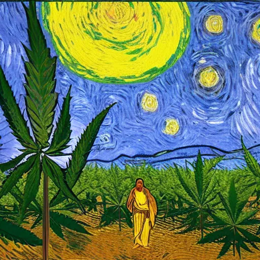 Image similar to jesus with jimm kerry spreads his hands against the background of growing cannabis. an oil painting in the style of van gogh