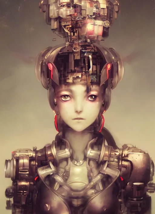 Image similar to matte painting, by yoshitaka amano, by ruan jia, by conrad roset, by good smile company, detailed anime 3d render of a female mechanical android, portrait, cgsociety, artstation, quirky mechanical costume and grand headpiece, surreal mystical atmosphere