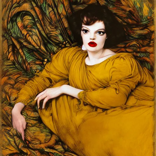 Image similar to hybrid of judy garland and lady gaga, brown fringe, large big downslanted eyes, large full lips, reclining on flowing bed cool stylish, yellow ochre ornate medieval dress, john william waterhouse, kilian eng, rosetti, john everett millais, william holman hunt, william morris, 4 k