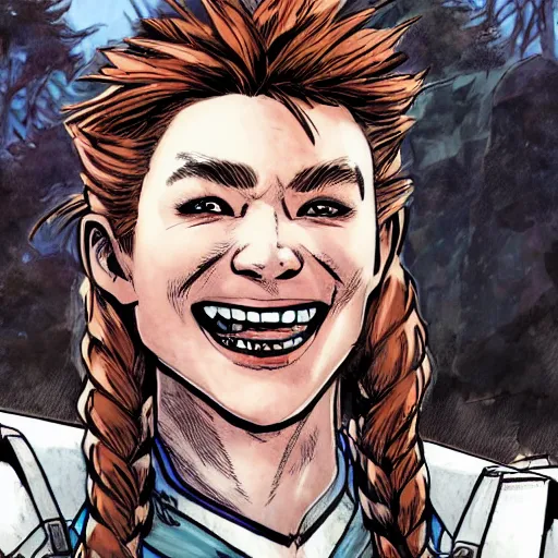 Prompt: portrait of (((((((((laughing))))))))) Aloy from Horizon: Zero Dawn, comic book illustration, by John Kirby