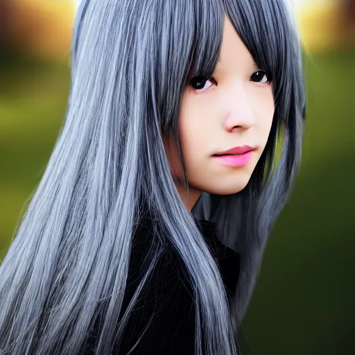 Prompt: shy anime girl with long gray hair