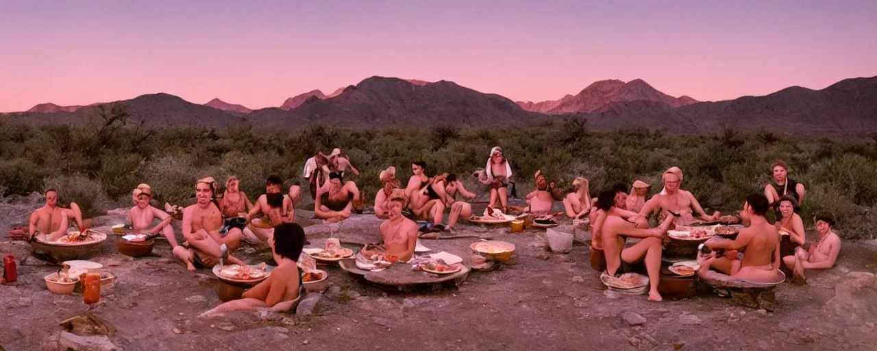 Prompt: group at a natural hot springs eating spaghetti, desert, sunset, kodachrome, in the style of wes anderson