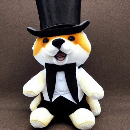 Prompt: a shiba plush wearing a top hat