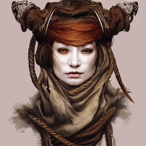 Image similar to portrait of a Shibari rope wrapped face and neck, headshot, insanely nice professional hair style, dramatic hair color, digital painting, of a old 15th century, old cyborg merchant, amber jewels, baroque, ornate clothing, scifi, realistic, hyperdetailed, chiaroscuro, concept art, art by Franz Hals and Jon Foster and Ayami Kojima and Amano and Karol Bak,