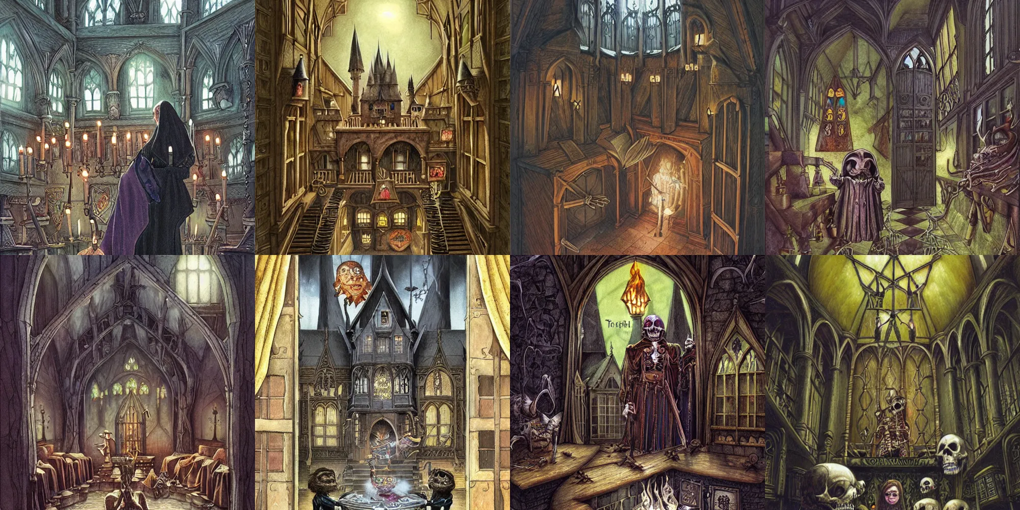 Prompt: Death teachines in Hogwarts, detailed, fantasy illustration by Paul Kidby