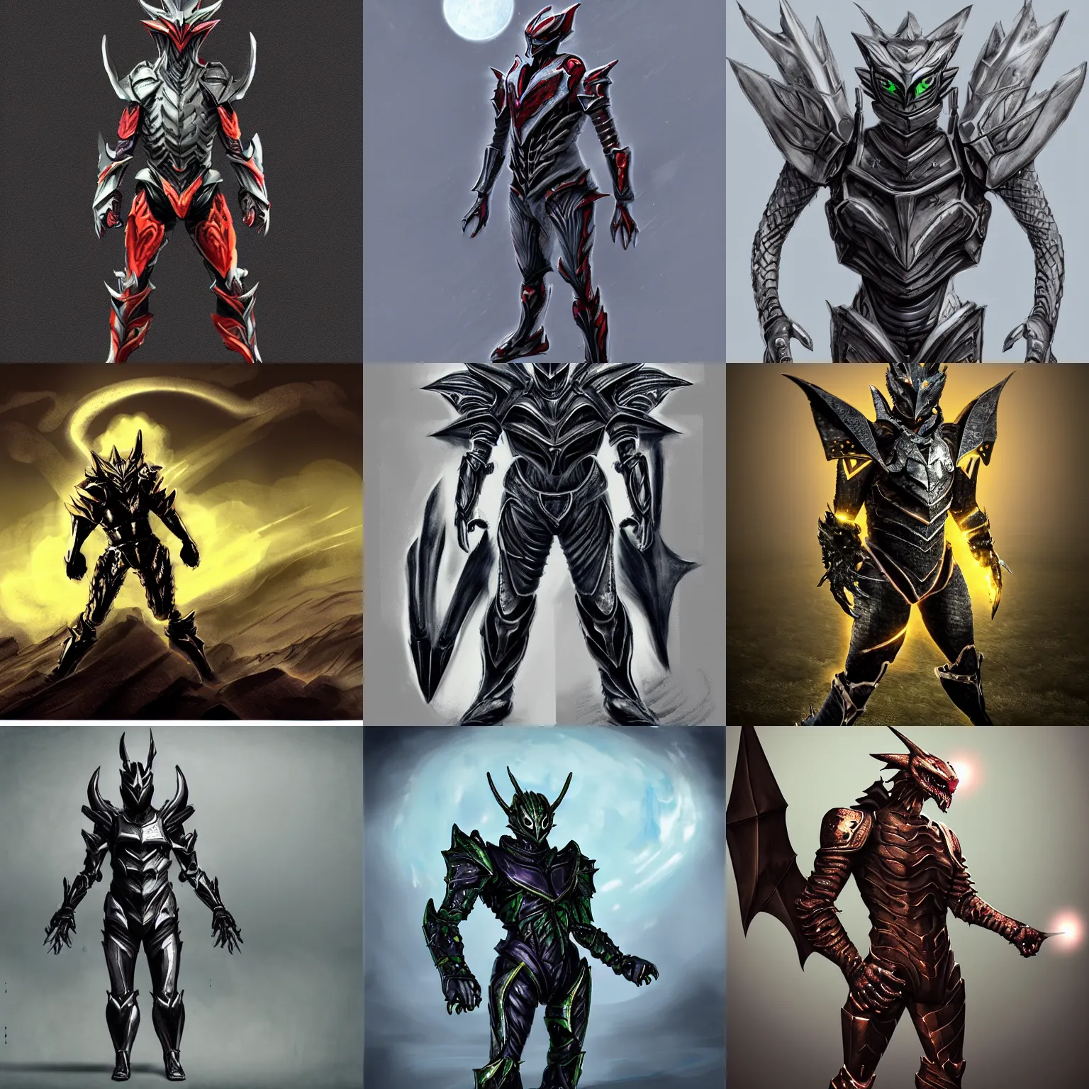 Prompt: roaring humanoid dragon inspired kamen rider armor with glowing eyes and mouth standing in a crater on the plains of scotland, glowing eyes, charcoal and silver color scheme, rubber suit, full body single character, moonlit night, good value control, high contrast, biomechanical elements, sci-fi, concept art