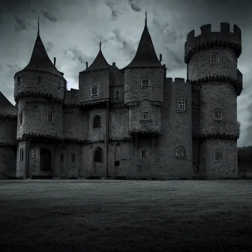 Image similar to castle made of ash, cinematic, realistic, dark, night, glow, goth,