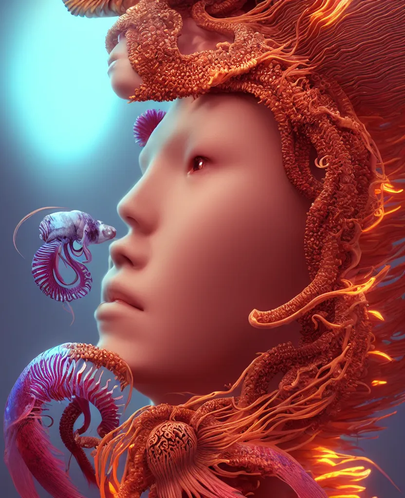 Image similar to goddess close-up portrait. chimera orchid jellyfish phoenix head, nautilus, skull, betta fish, bioluminiscent creatures, intricate artwork by Tooth Wu and wlop and beeple. octane render, trending on artstation, greg rutkowski very coherent symmetrical artwork. cinematic, hyper realism, high detail, octane render, 8k