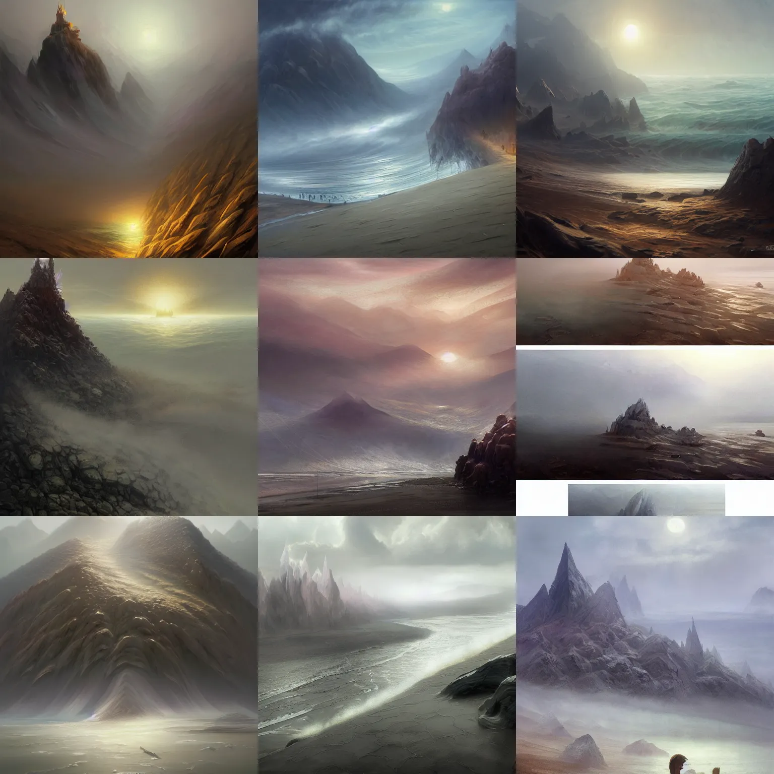 Prompt: spike mountains on the beach wrapped in fog, highly detailed, digital painting, artstation, concept art, smooth, sharp focus, illustration, artstation, art by giger and greg rutkowski and hikari shimoda and edmund blair leighton and charlie bowater, painted warhammer miniature