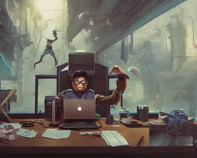 Image similar to an insanely detailed painting of a nerdy asian man wearing a superhero costume, sitting at a desk, staring at the nervously at the computer and typing, in the style of peter mohrbacher, dramatic lighting and composition, surreal background, octane render, pixar, trending on artstation, concept art, comic book, view from behind