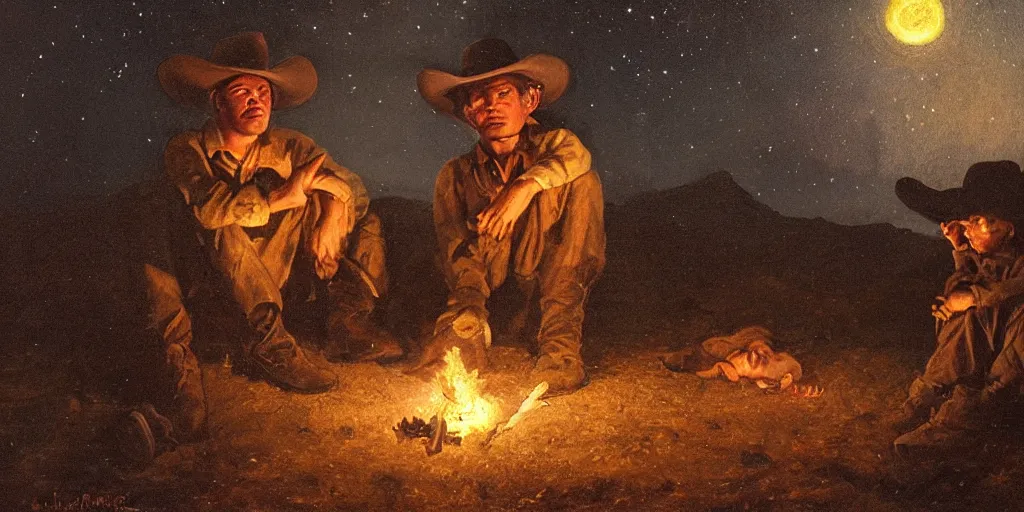 Prompt: in the old west, at a campfire at night, close up portrait of a sleeping bandit ( ( alone ) and a young boy ( ( alone ) ) watches the stars and his horse grazes, in the style of fredrick remington, oil painting, warm color palate, astral