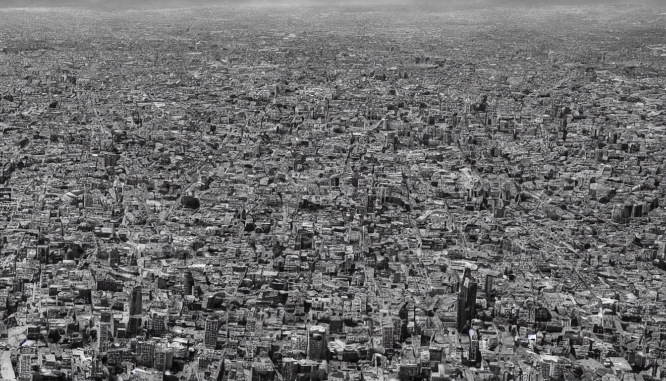 Prompt: Giant Gigachad destroying a city, drone footage black and white