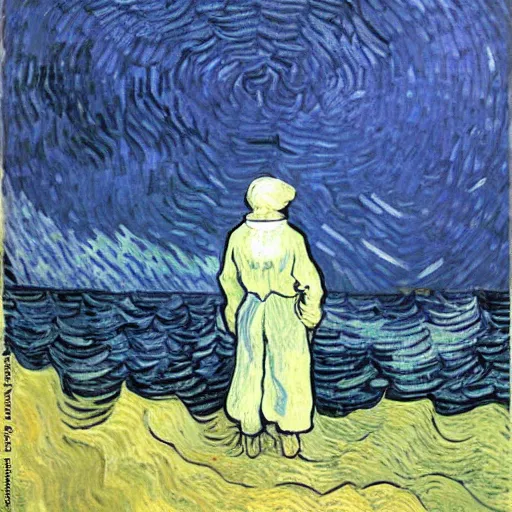 Image similar to a guy with white hoodie in the abyss of the sea, very deep, by van gogh