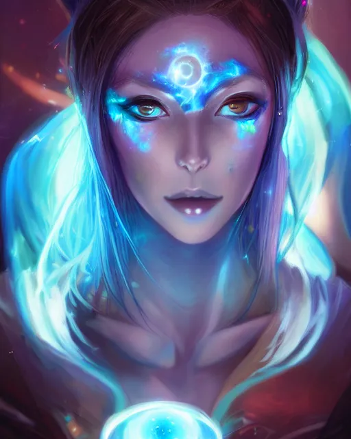 Image similar to A realistic anime portrait of a beautiful cosmic woman with glowing blue eyes and cosmic skin wearing clothes made of universes, digital painting, by Stanley Artgerm Lau, Sakimichan, WLOP and Rossdraws, digtial painting, trending on ArtStation, SFW version