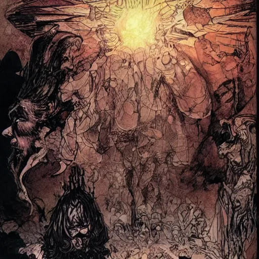 Image similar to A new dawn from the darkness, mental health, psychology, a masterpiece by M.W. Kaluta