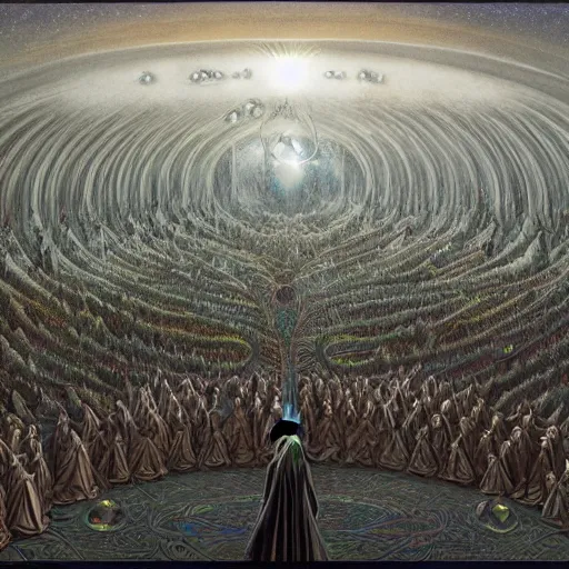 Prompt: a quantum computer surrounded by a dark cabal of multiple hooded elven mystics in long dark robes gathered in a circular formation, dan seagrave art, michael whelan