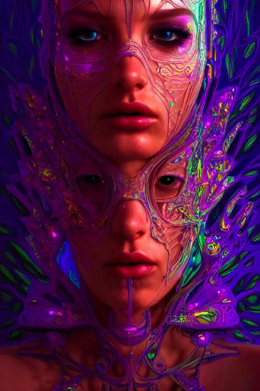 Image similar to extremely beautiful psychedelic cyborg queen of lsd. intricate, elegant, highly detailed lifelike photorealistic extremely lush digital painting. masterpiece. melancholic scene infected by night. perfect composition and lighting. sharp focus. artstation. sultry.