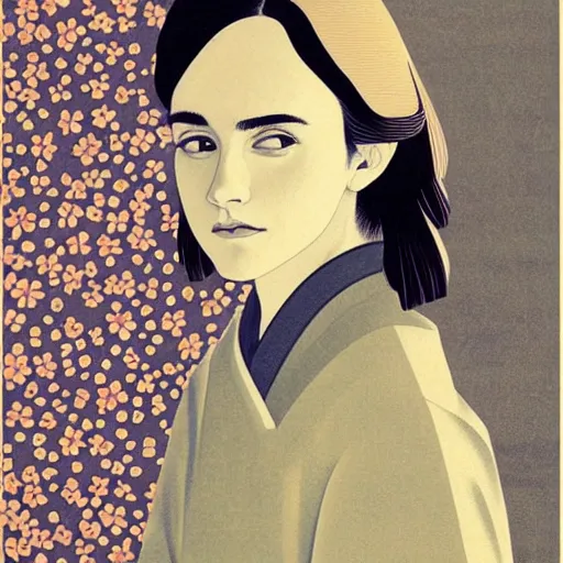 Image similar to “ emma watson portrait by ikenaga yasunari and ayana otake and ko rakusui, 6 0 s poster, drawing, realistic, sharp focus, japanese, dreamy, nostalgia, faded, golden hues, floral clothes ”