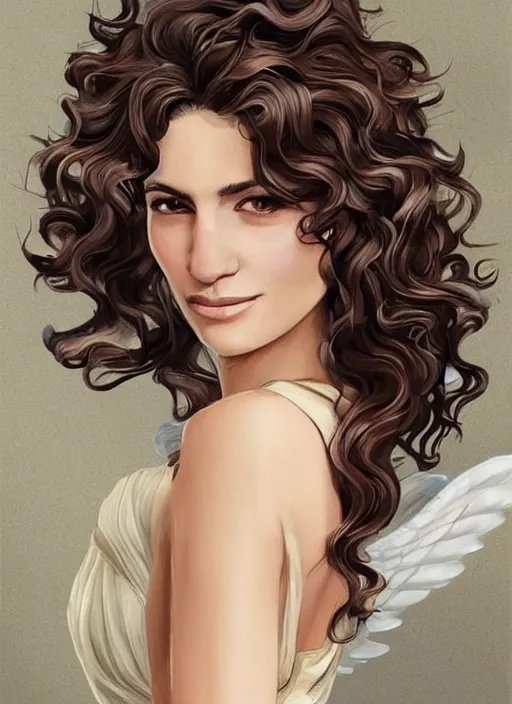 Image similar to beautiful angel woman, brunette smiling , curly hairstyle, looks like Ebru Şahin, Reyyan, looks like Fabiula Nascimento, looks like Laura Barriales, looks like Julia Roberts, D&D, fantasy, intricate, elegant, highly detailed, digital painting, artstation, concept art, character design, smooth, sharp focus, illustration, art by artgerm and greg rutkowski and alphonse mucha