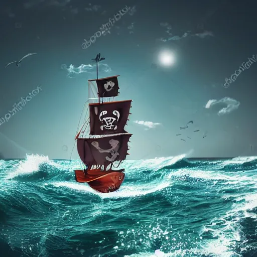 Prompt: Pirate boat sailing in a chaotic sea, photorealistic