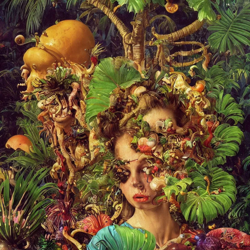 Prompt: a baroque close - up portrait painting of a tropical zombie. water, colorful fruit, tropical palm trees, and mushrooms. surrealism. night background. highly detailed science - fiction fantasy painting by norman rockwell, moebius, frank frazetta, syd mead, and stanislaw fernandes. rich colors, high contrast. renaissance masterpiece. artstation