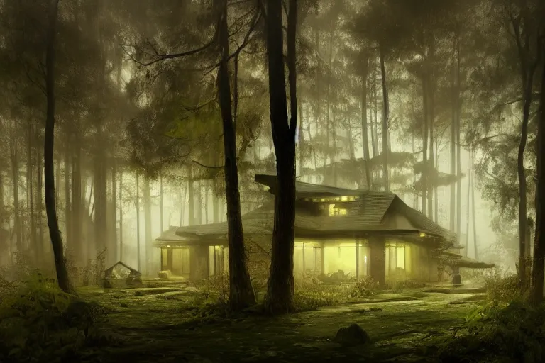 Image similar to a 1 9 5 0 s luminous house in the middle of a dark, gloomy, misty forest enveloped in moss and bark, illustrated by greg rutkowski and gaston bussiere, trending on artstation, intricately defined, complexly detailed, cgsociety contest winner, zbrush, mannerism, 4 k, grim lighting, misty atmosphere