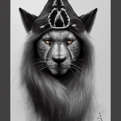 Image similar to extremely realistic portrait of a real life panter king with a very long fur and a wizard hat, fantasy, trending on artstation, heroic pose, highly detailed, profile picture, 8k